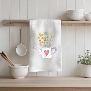 Teapot Kitchen Towel, Watercolor Flower Heart Tea Towel, Waffle Weave Dish Cloth, Cute Kitchen Decor, Housewarming Gift for Her