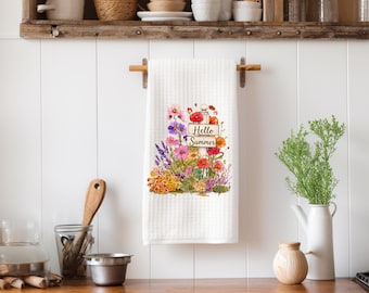 Hello Summer Kitchen Towel, Summer Floral Waffle Weave Towel, Rustic Farmhouse Kitchen Decor, Watercolor Flower Tea Towel, Summer Gift