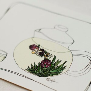 May include: Line drawing of a teapot with a floral design. The teapot is filled with flowers and leaves. The teapot is on a tray with a small cup.