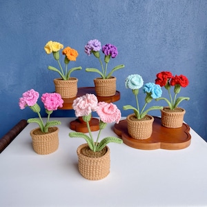 Könnte beinhalten: Eine Sammlung handgefertigter Häkelblumen in kleinen gewebten Töpfen. Die Blumen sind in verschiedenen Farben erhältlich, darunter Gelb, Orange, Lila, Rosa, Hellblau und Rot. Die Töpfe sind braun und die Blätter grün. Die Blumen sind auf einer weißen Oberfläche angeordnet.