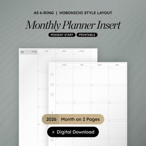Planer miesięczny A5 na 2 stronach | 2026 z datą | Wkładka do druku w stylu Hobonichi