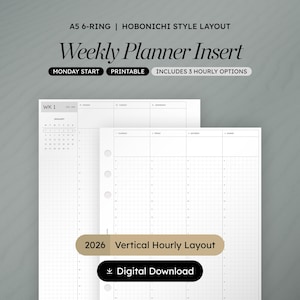 Planificateur horaire vertical A5 : 2026, style Hobonichi (téléchargement PDF)