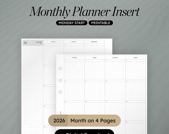 Planificador mensual A5 de 4 páginas / Fecha 2026 / Inserto imprimible estilo Hobonichi