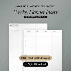 A5 Vertical Grid Weekly Planner Insert: Hobonichi Style, 2026 (PDF Download)
