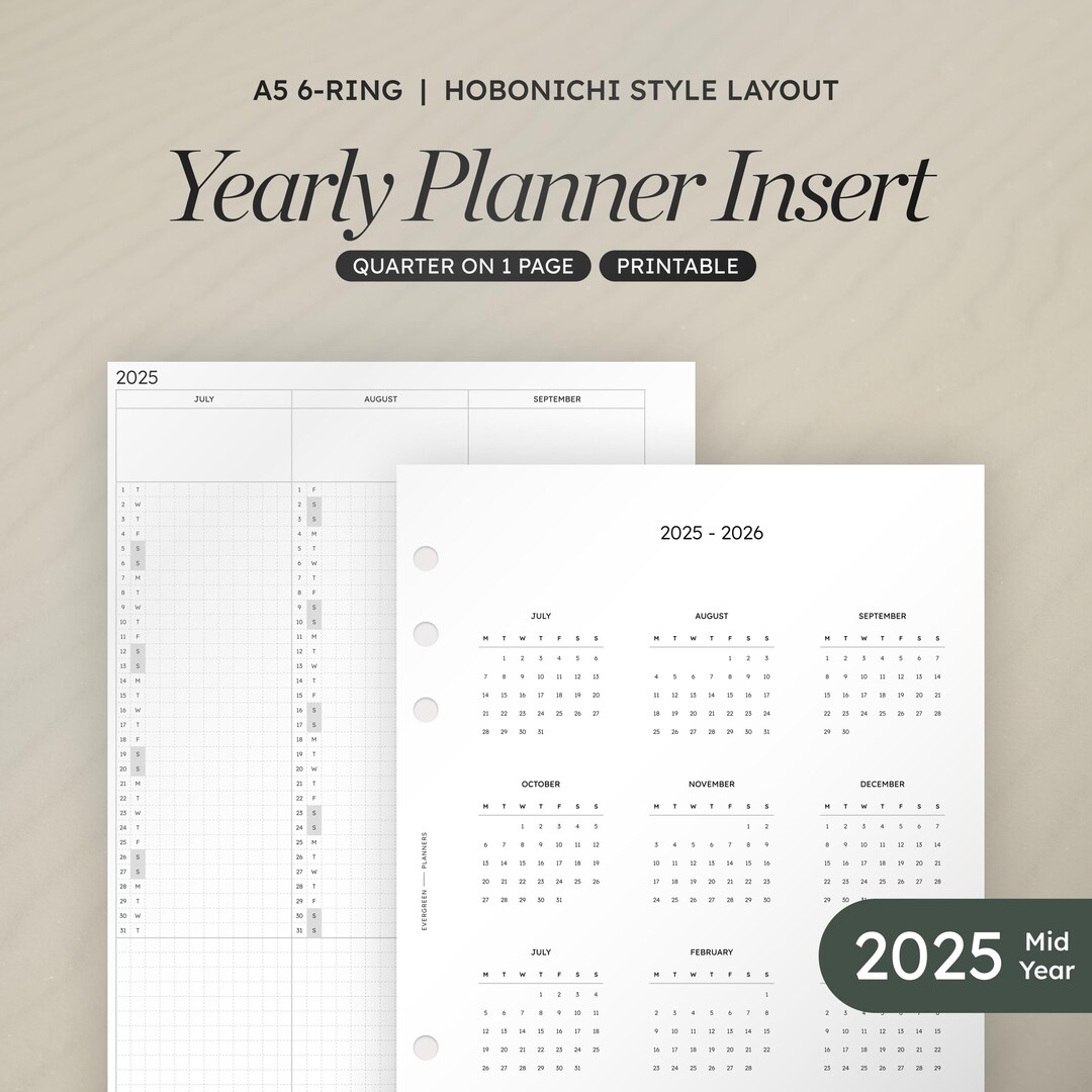 A5 Yearly Planner | Mid Year Jul 2025 - Jun 2026 Dated | Hobonichi