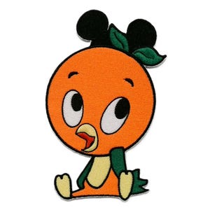 May include: Embroidered patch featuring a cartoon orange bird with large white eyes, a red beak, and green accents. The bird has a Mickey Mouse ear hat with green leaves. The patch is designed for application on clothing or accessories.