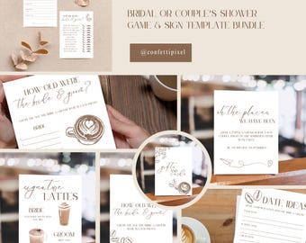 May include: A collection of printable bridal shower game templates and signs. The text "Love is Brewing" is displayed at the top. Games include "Date Ideas", "How Old Were the Bride & Groom?", and "Signature Lattes".