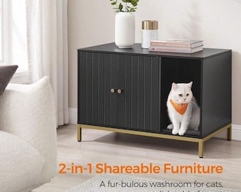 Caja de arena moderna para gatos en negro y dorado, mueble oculto con tapete para rascar, mesa de casa para gatos con patas altas