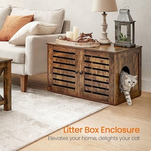 May include: A wooden litter box enclosure with a cat-sized entry hole. The cabinet has two doors with horizontal slats and a dark finish. The text "Litter Box Enclosure" and "Elevates your home, delights your cat" is visible.
