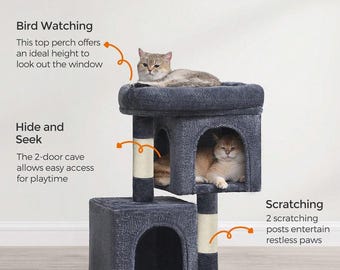 Szary, pluszowy drapak dla kota z grzędami i jaskiniami, nowoczesny domek dla kociąt i małych kotów, rampy dla kotów