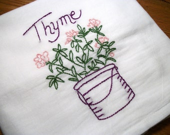 Dish (Tea) Towel with Herb Garden Design Hand Embroidery Flour Sack Dish Towel Cotton Dish Towel