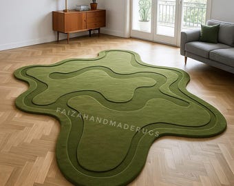 Handmade Tufted Wool Rug – Green Abstract Amoeba Design