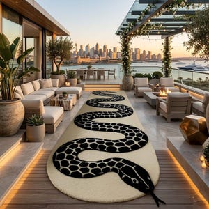 Alfombra de lana con diseño de serpiente, estampado animal artístico, alfombra de lujo hecha a mano para sala de estar, alfombra de diseño en negro y marfil, 2.6x8, 2.6x12, 3x10