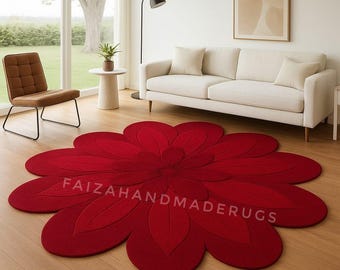 Tappeto di lusso a fiori rossi – Tappeto trapuntato a forma di fiore fatto a mano per soggiorno, camera da letto e casa