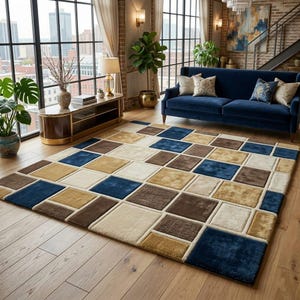 Modern Patchwork Area Rug Geometric Wool Navy Beige Brown Living Room Carpet 8x10 9x12 10x14 Handmade Luxury Home Decor Rug