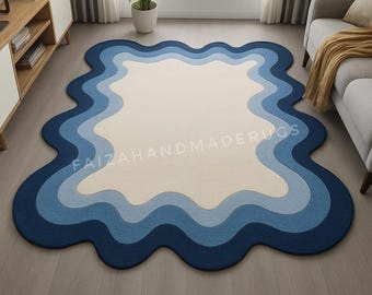 Handgemachter blauer gewellter Teppich - moderner abstrakter geschichteter Teppich | Wohnzimmer