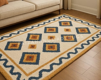 Southwestern Wool Rug Tribal Geometric Cream Blue Gold Living Room Carpet 8x10 9x12 10x14 Handmade Plush Luxury Decor