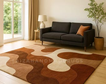 Brown Abstract Wavy Rug | Handmade Tufted Wool Carpet | Mid Century Modern Area Rug |