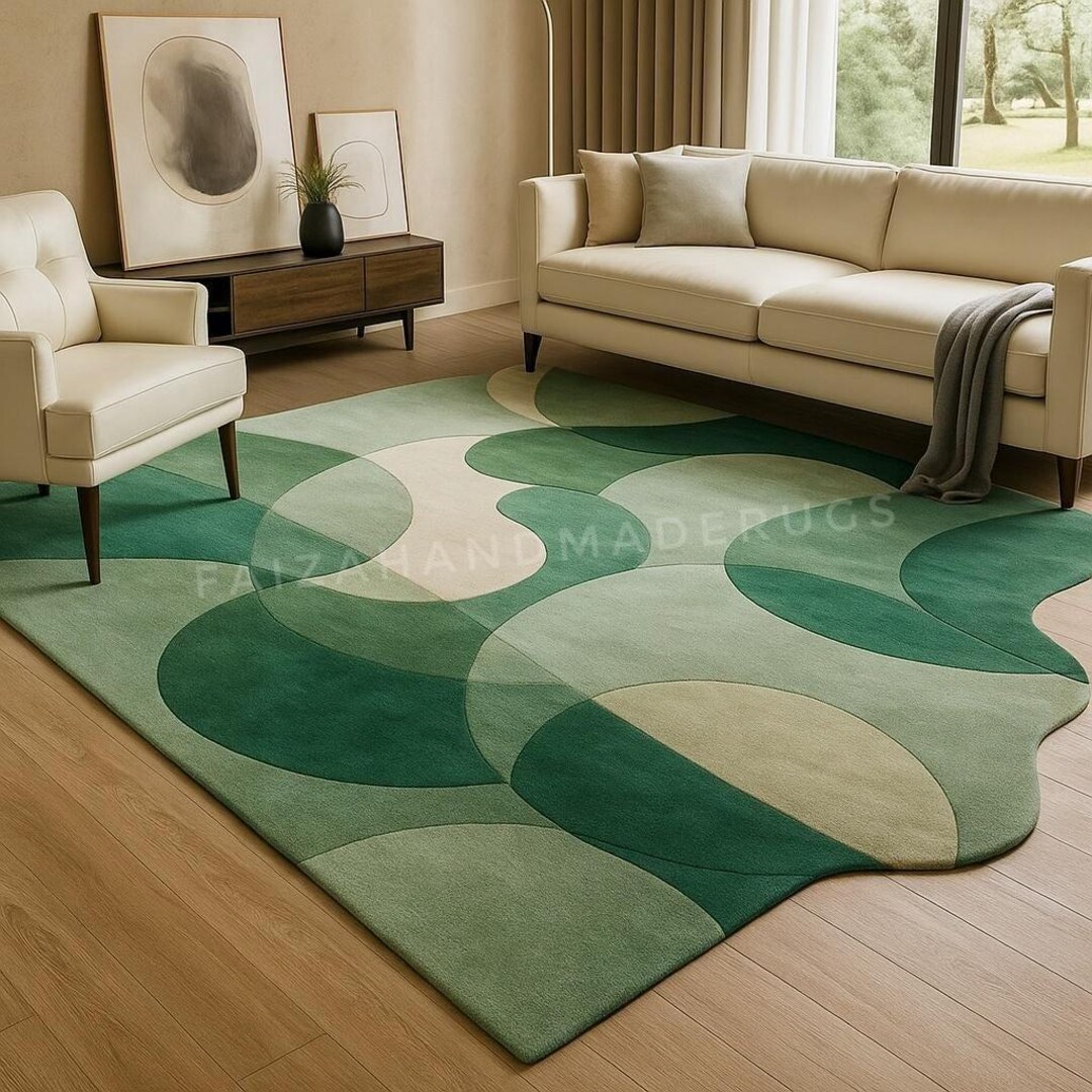 Mid Century Modern Green Rug, Abstract Geometric Living Room ...
