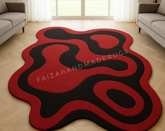 Tappeto astratto rosso nero in lana annodato a mano, moderno, forma organica, tappeto contemporaneo, decorazione per soggiorno, 8x10 9x12 10x14