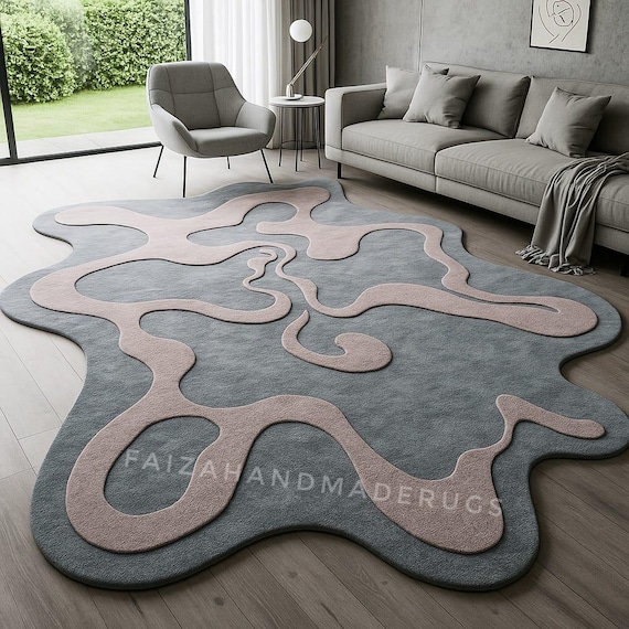 Abstract Organic Shape Rug Contemporary Hand Tufted Wool Grey Blush Pink Living Room Rug 8x10 9x12 10x14 Sculptural Designer Area Rug