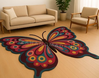 Colorful Butterfly Rug | Handmade Tufted Wool Carpet | Boho Nature-Inspired Area Rug | Modern Living Room.