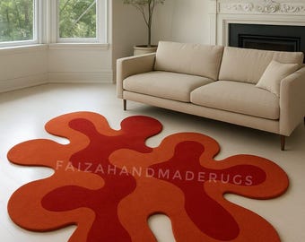 Handmade Tufted Abstract Rug – Red Orange Wavy Design
