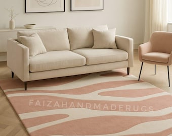 Pink Beige Abstract Rug | Wavy Modern Area Carpet | Minimalist Living Room  Handmade Tufted Rug |