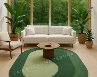 Modern Green Abstract Rug | Handmade Wool Tufted Carpet | Nature Inspired Living Room Area Rug |