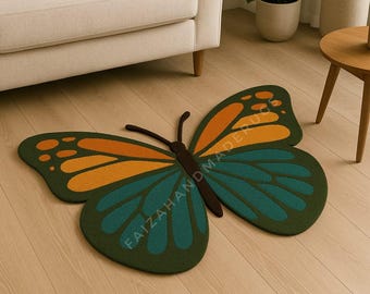 Handmade Butterfly Shaped Rug | Tufted Animal Carpet | Boho Nature Inspired Area Rug | Kids Room,