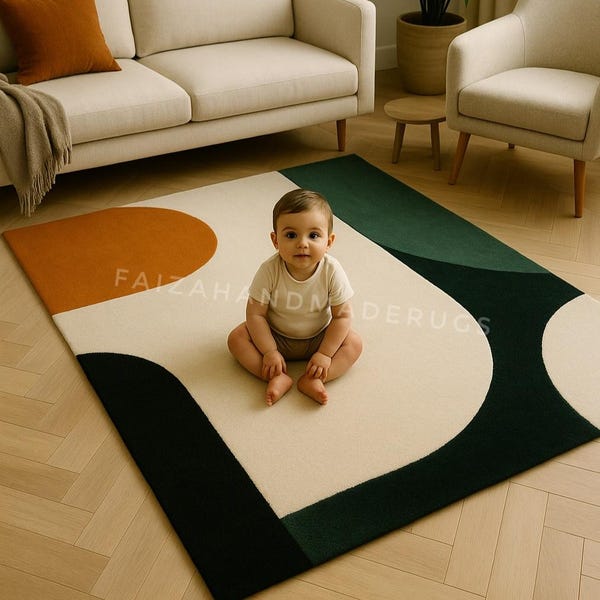 Alfombra moderna de mediados de siglo, de lana con mechones hechos a mano, geométrica, estilo Bauhaus, color crema, verde y naranja, para sala de estar, decoración de 8 x 10, 9 x 12 y 10 x 14