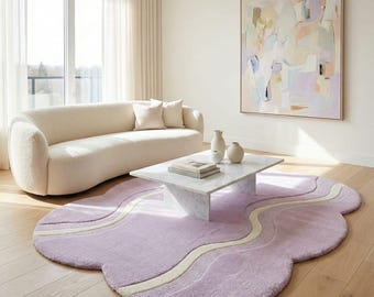 Organic Modern Cloud Rug Hand Tufted Wool Lavender Lilac Cream Living Room Carpet 8x10 9x12 10x14 Custom Handmade