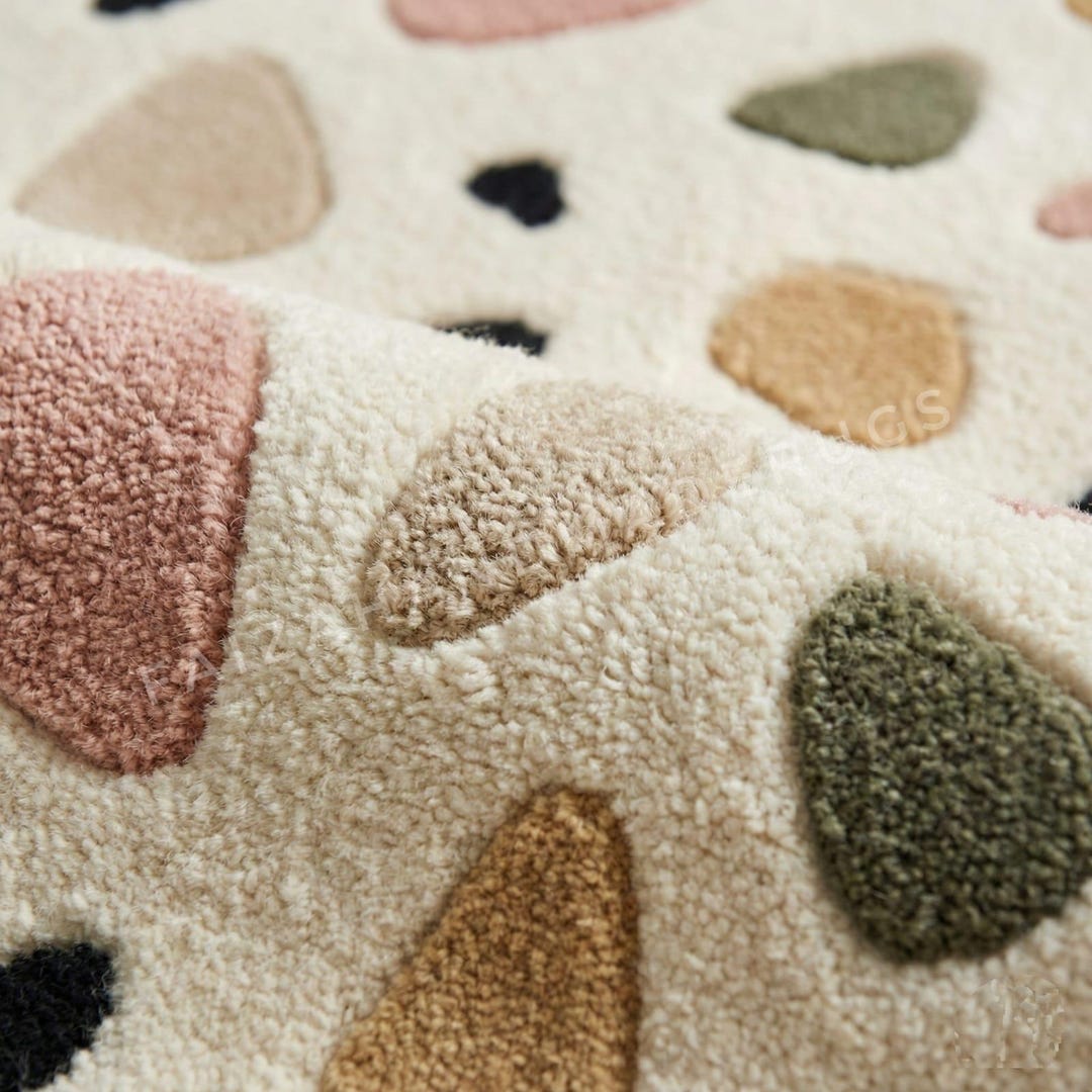 Terrazo Rug Terrazzo Wool Rug Scandinavian Handmade Pink Sage Beige Living Room ...