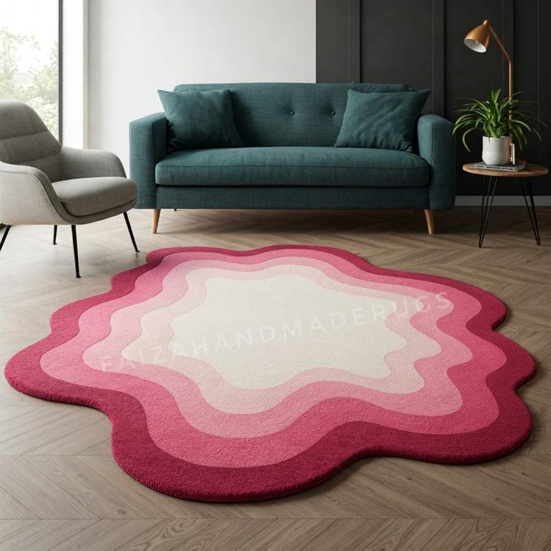 Pink Rug Pattern Horizontal Abstract Pink Rug, Blush Gradient Tufted Carpet, Modern Wavy Shape Rug ...
