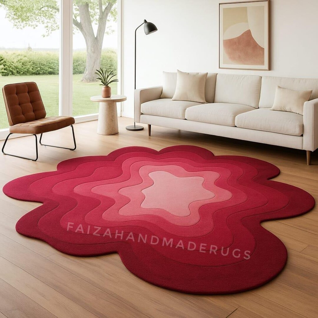 Pink Flower Rug Retro Modern Handmade Wool Carpet for Living Room 8x10 ...