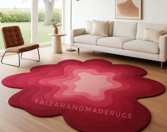 Handmade Pink Red Flower Rug – Tufted Floral Carpet Shaped Area Rug for Living Room,