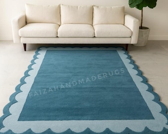 Modern Scalloped Border Wool Area Rug Blue Minimalist Scandinavian Living Room Carpet Designer Handmade Rug 8x10 9x12 10x14