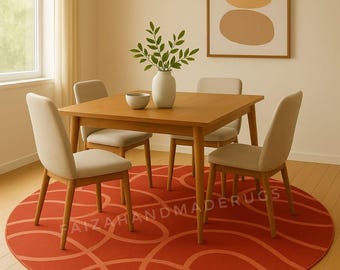 Modern Round Orange Red Rug | Handmade Wool Tufted Carpet | Geometric Circle Dining Room Rug
