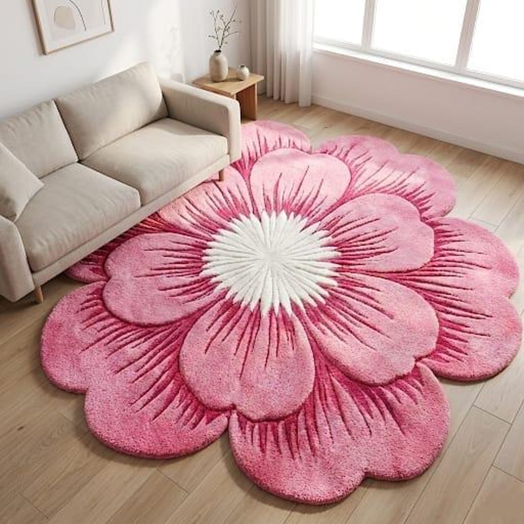 Pink Flower Area Rug Hand Tufted Wool Floral Shaped Carpet Cute ...