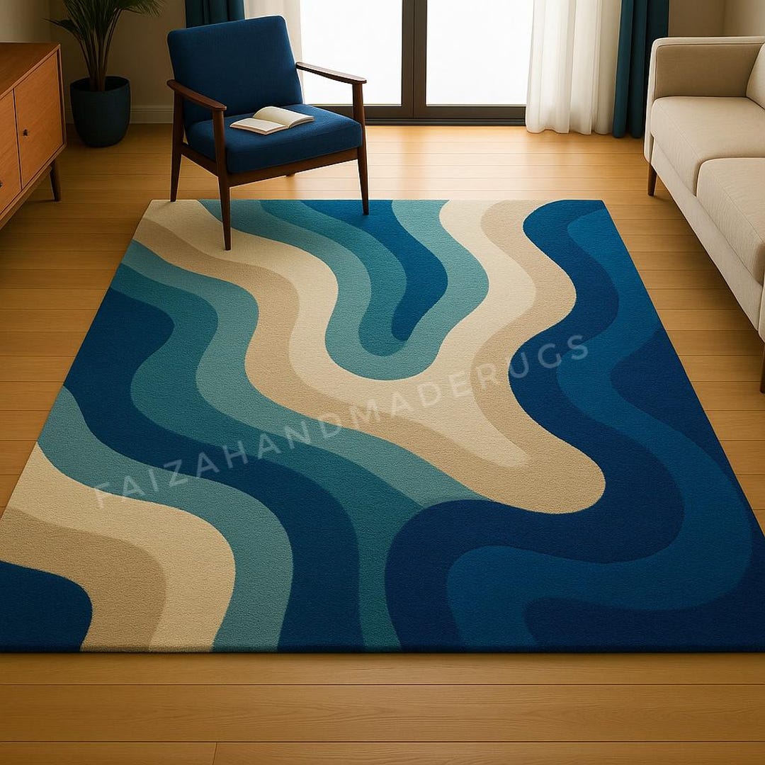 Abstract Wave Rug Hand Tufted Wool Blue Cream Modern Area Rug ...