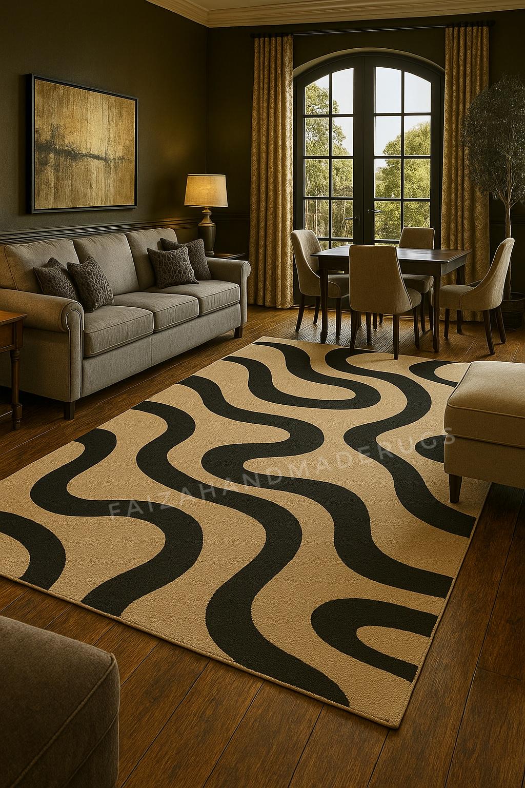 Abstrakter Teppich Schwarz Creme, Moderner Geometrischer Bereich Neutral Teppich, Wohnzimmer Teppich, Statement Boden