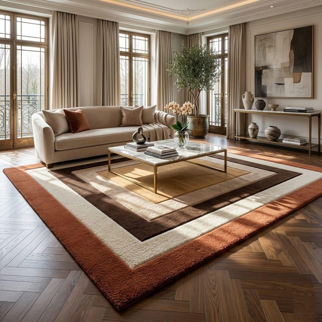 Modern Border Area Rug Hand Tufted Wool Rust Brown Beige Living Room ...