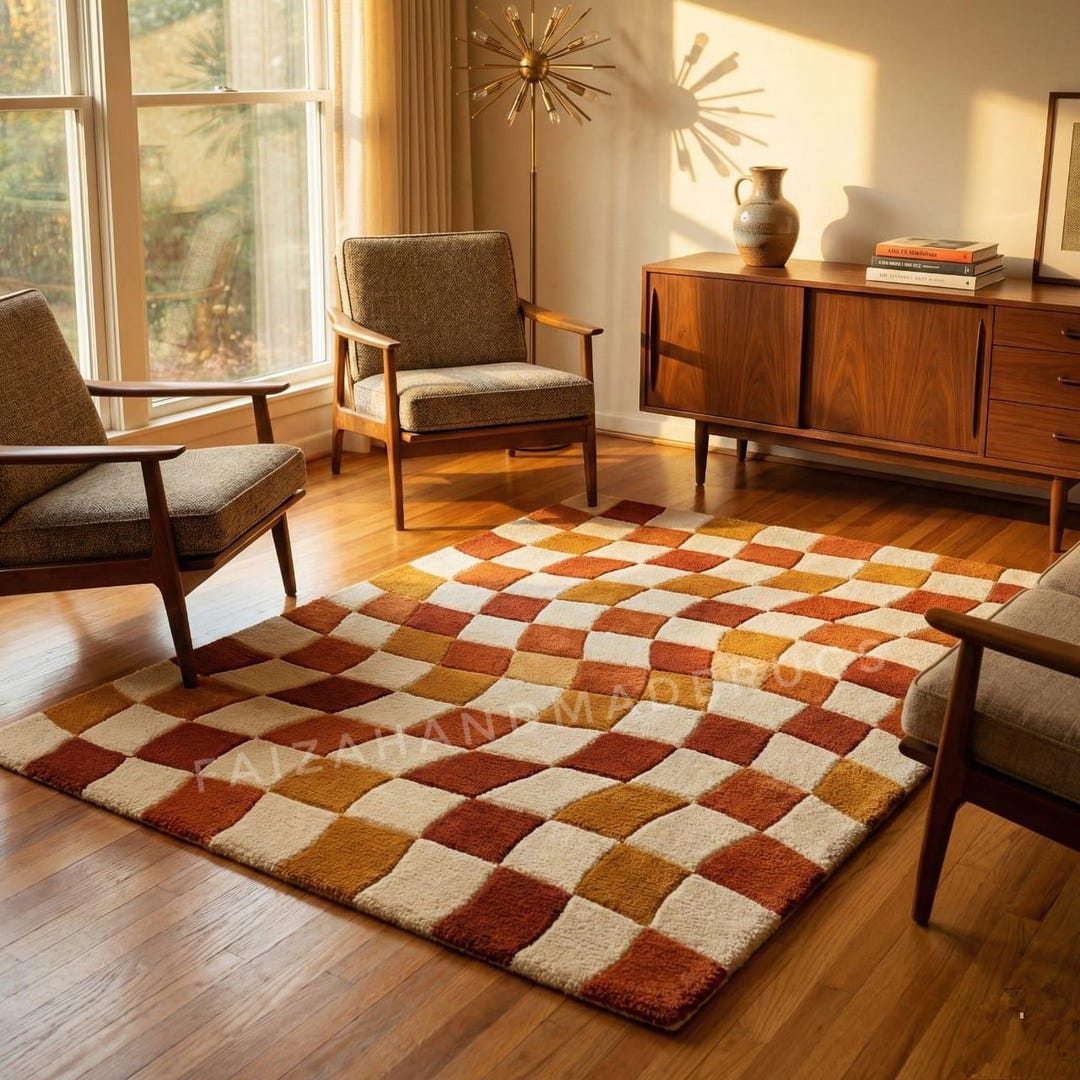 Wavy Checker Pattern Rug Retro Checkerboard Rug, Mid Century Modern Living Room Carpet, Wavy ...