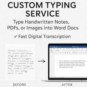 May include: Image showcasing a custom typing service. The text reads "CUSTOM TYPING SERVICE" and "Type Handwritten Notes, PDFs, or Images into Word Docs." A handwritten note is shown before, and a typed document on a laptop screen after.