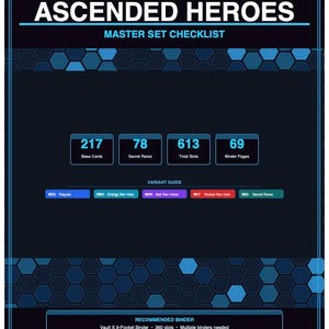 以下が含まれることがあります： 「Ascended Heroes」カードセットのチェックリスト。濃い青色で、「Mega Evolution Series」のロゴ入り。基本カード、シークレットレア、合計スロット数、バインダーページ数を記載。バリアントガイドと推奨バインダーの情報も含まれています。