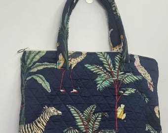 Bolso para portátil de algodón acolchado hecho a mano – Estampado de jungla – Funda tipo bolso de oficina
