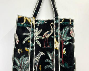 Black Jungle Print Velvet Tote Bag