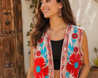 Handgefertigte, bestickte Samtweste | Ärmellose Boho-Jacke mit offenem Vorderteil