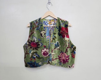 Gilet senza maniche in cotone con stampa floreale verde oliva per donna