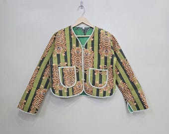 Green Tiger Print Cotton Quilted Jacket